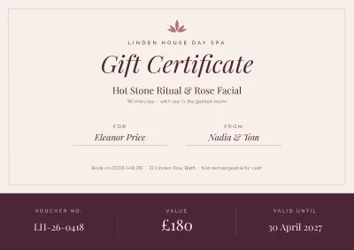 Day spa gift voucher: certificate template