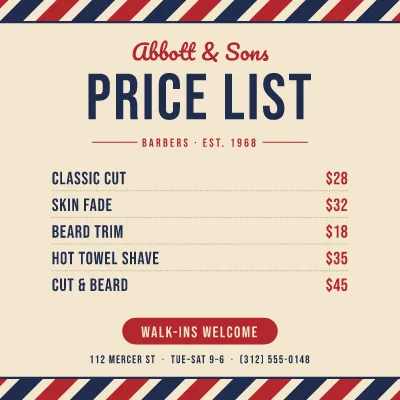 Barbershop price list