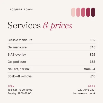 Nail studio price list