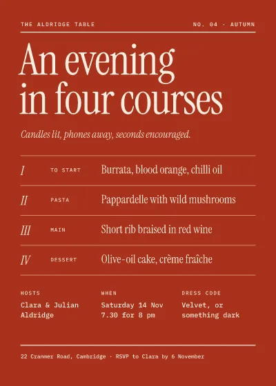 Four-course dinner party: invitation template