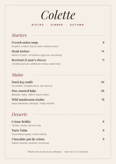 Bistro dinner menu