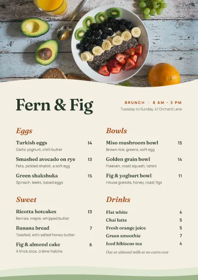 Brunch cafe menu
