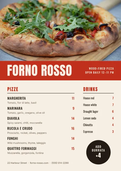 Pizzeria one-page menu