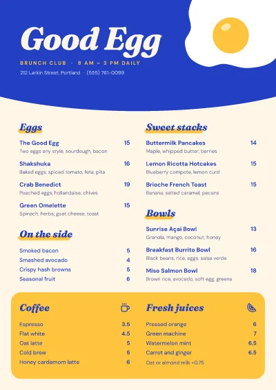 Brunch café menu