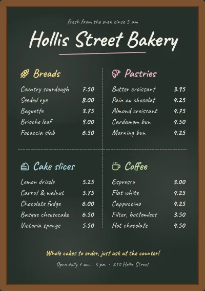 Bakery chalkboard price board