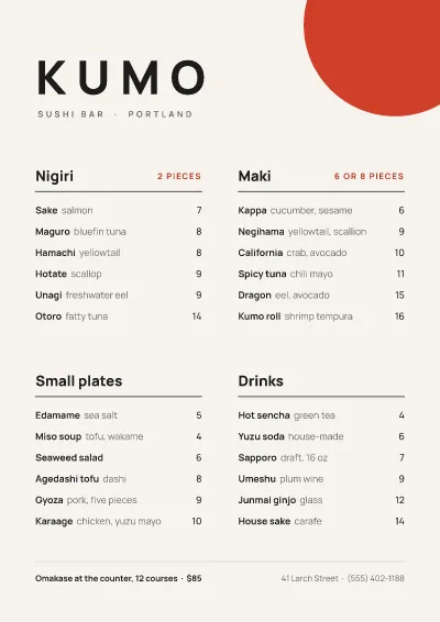 Sushi bar menu