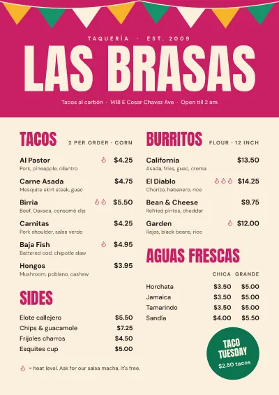 Taqueria tacos menu