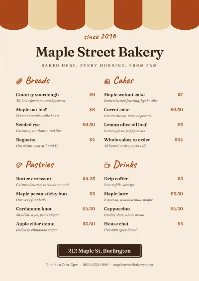 Bakery café menu