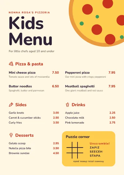 Kids pizza menu