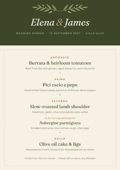 Olive grove wedding menu
