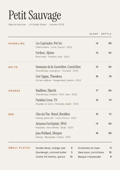 Natural wine list