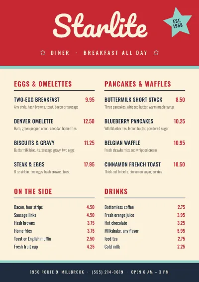 Diner breakfast menu