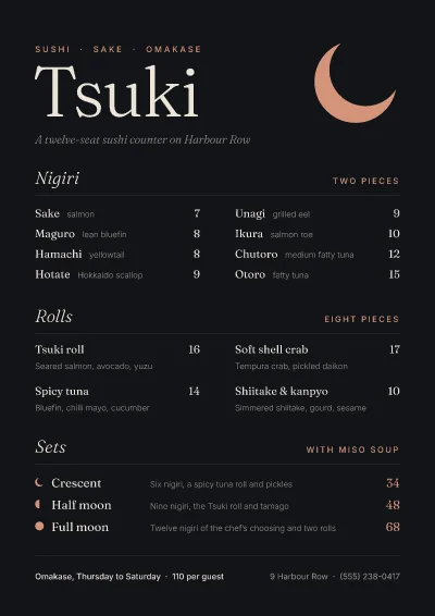 Dark sushi bar menu