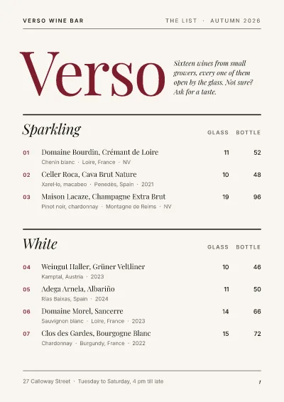 Wine bar wine list: menu template
