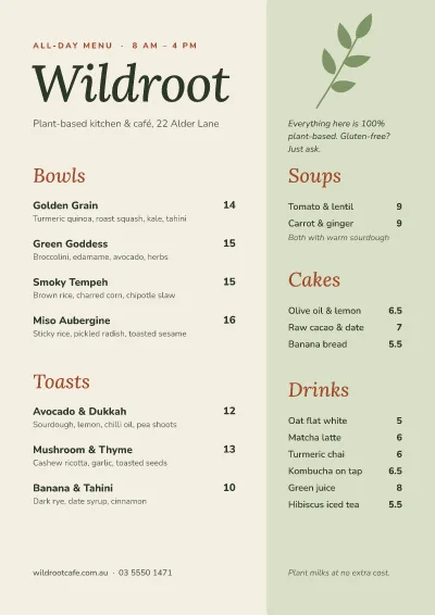 Vegan café all-day menu