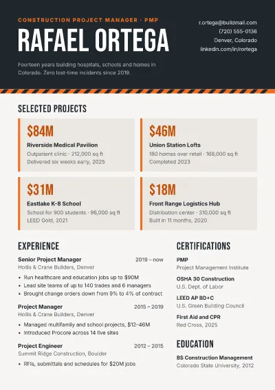 Construction manager bold: resume template