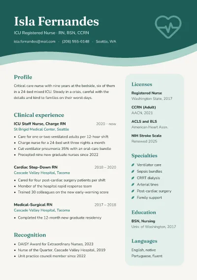 ICU nurse teal wave: resume template