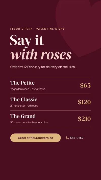 Valentine's bouquet menu